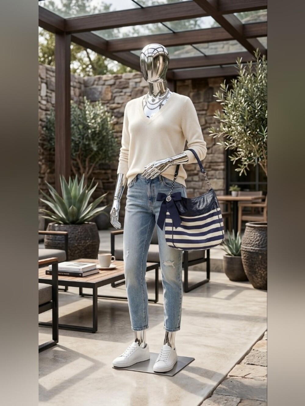 Tommy Hilfiger Striped Navy & Cream Shoulder Bag - Women's Casual Tote